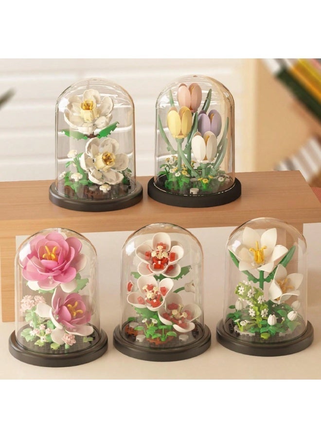 ترتيبات أزهار دائمة من قطع البناء - نماذج زهور مصغرة قابلة للتجميع، تشمل زهور الزنبق، الياسمين، التوليب، الورد، والموكبين، مثالية لديكور المنزل، أفكار هدايا إبداعية لعيد الميلاد، عيد الحب، عيد الفصح، والعطلات الأخرى، مع غطاء واقي وقاعدة. - Image 1